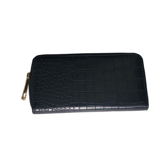 Navy Blue Croc-Embossed Vegan Leather Tote Bag & Wallet Set With Gold-Tone Hardw - Picture 6 of 7